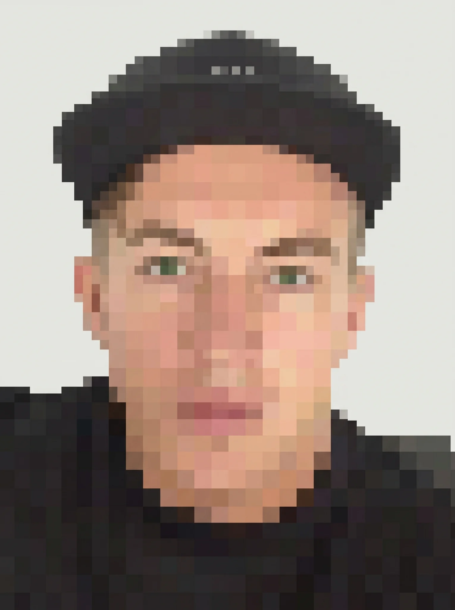 Pixel-art self-portrait in a black cap and black top