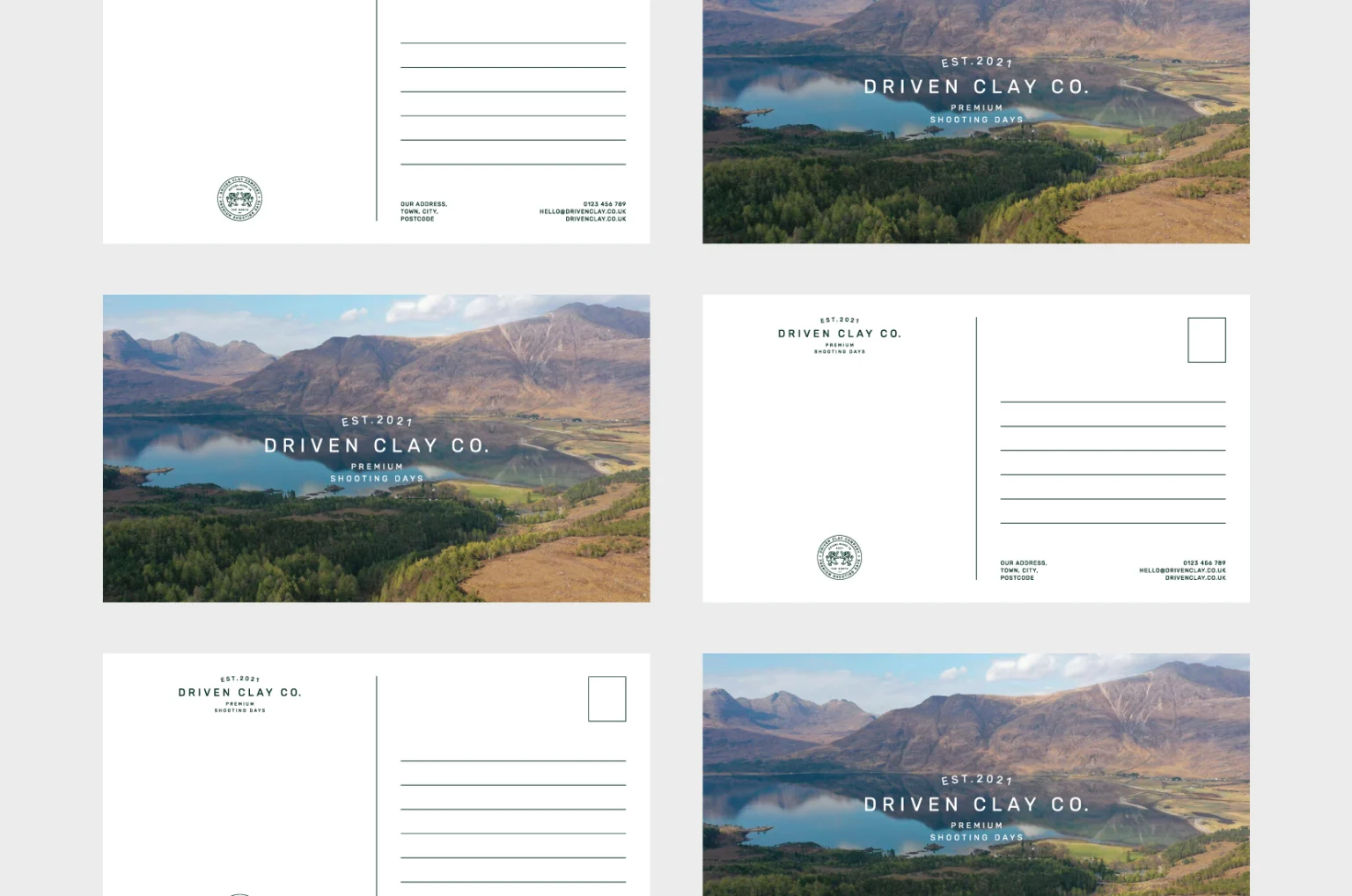 Driven Clay Co. postcards: loch and mountain photos with the wordmark on the fronts, lined backs with the crest badge