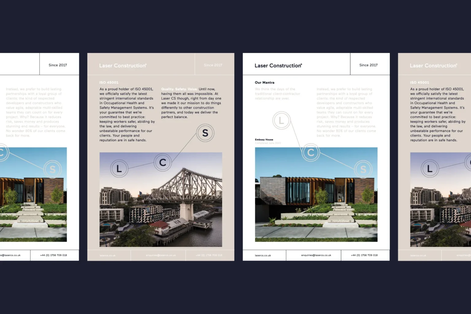 Laser Construction brochure pages in white and stone, with ISO 45001 copy, LCS monogram and architecture photos, on navy