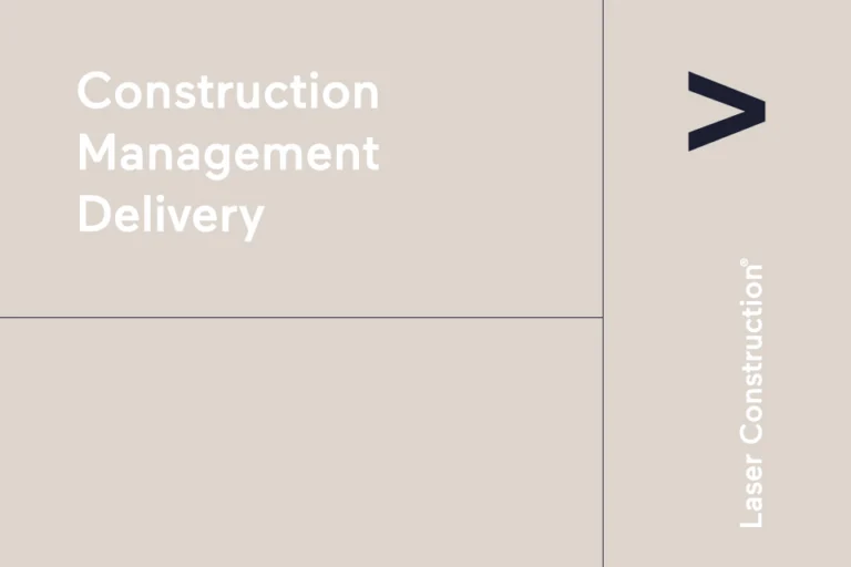 Laser Construction grid layout: 'Construction Management Delivery' headline, navy chevron and vertical wordmark on stone