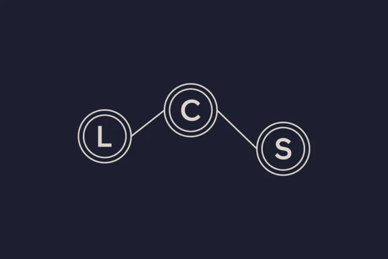 Laser Construction LCS monogram: letters in linked double-ring circles, stone on dark navy