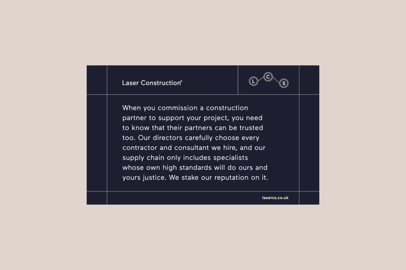 Laser Construction navy card with wordmark, LCS monogram and a paragraph on trusted supply chain partners, on stone