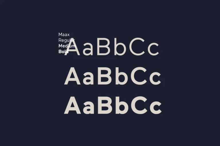 Laser Construction type specimen: Maax in regular, medium and bold weights, stone on dark navy