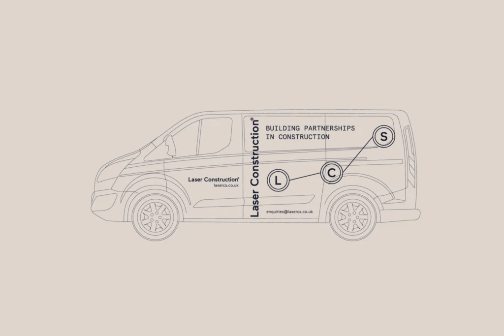 Laser Construction van livery line drawing with vertical wordmark, 'Building partnerships in construction' and LCS monogram
