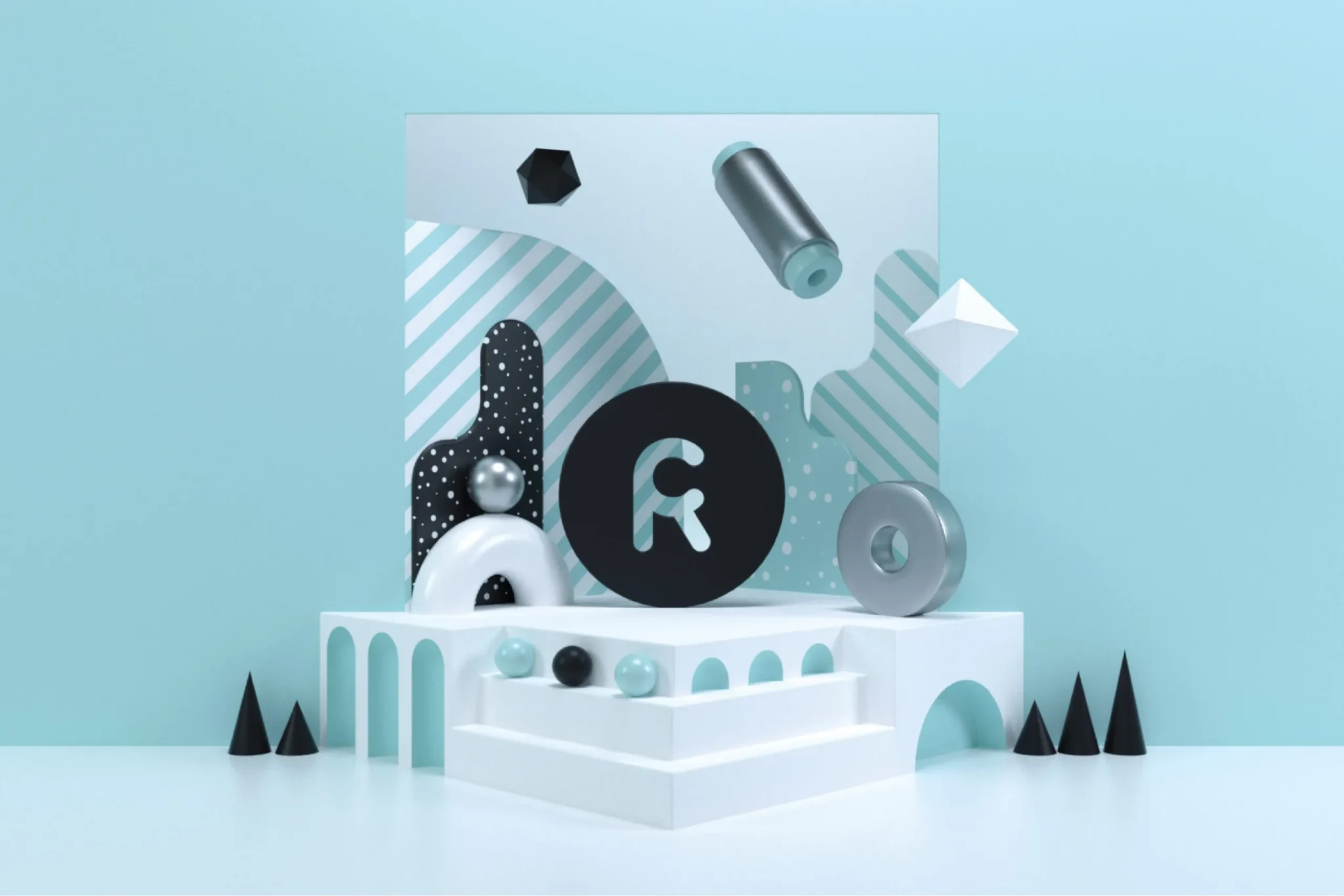 Retail Creations R brandmark on a black disc in a 3D scene of white steps, arches, spheres and cones on pale teal