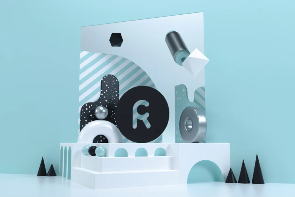 Angled view of the Retail Creations 3D scene: black R disc, silver ring, cones and white steps against pale teal