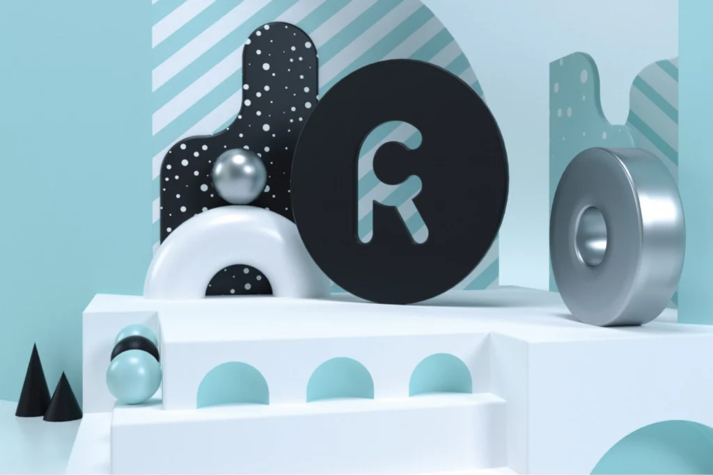 Close-up of the Retail Creations 3D scene: black R brandmark disc, silver ring and spheres on white arched steps