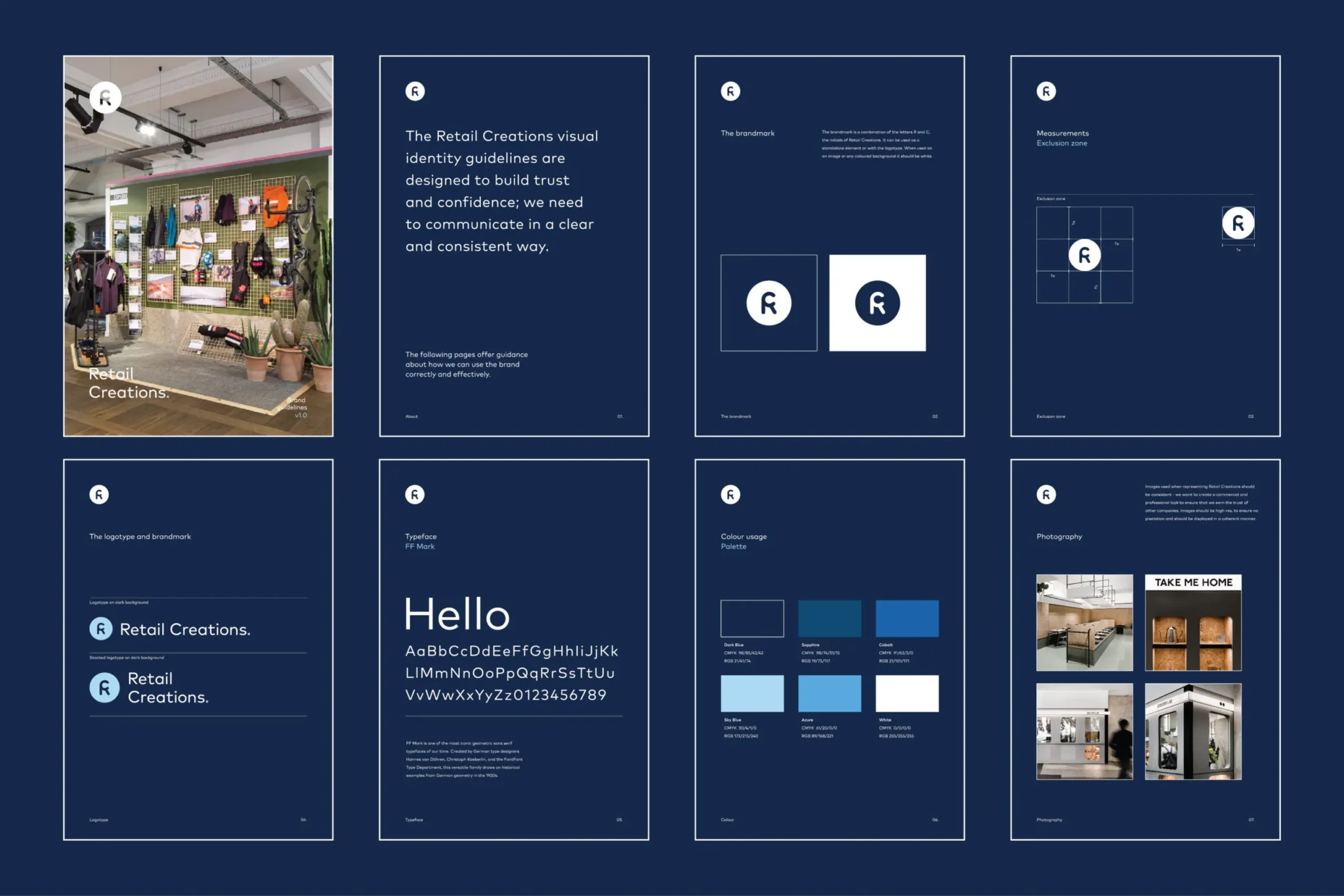 Eight Retail Creations brand guideline pages on navy: cover, brandmark, exclusion zone, logotype, type, colour, photography