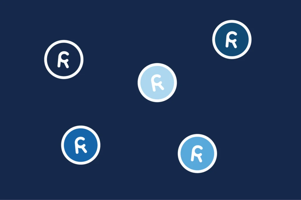Five Retail Creations R brandmark roundels in different blues, each with a white outline, scattered on navy