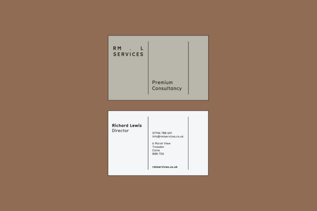 RML Services business cards: grey front with wordmark and 'Premium Consultancy', white back with contact details, on brown