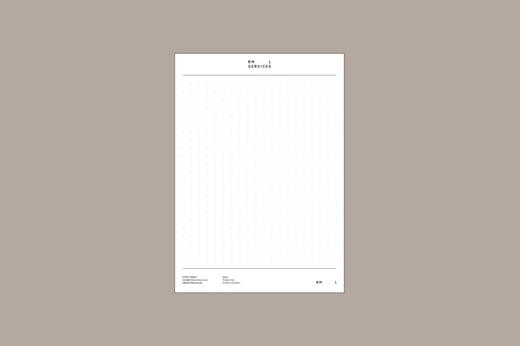 RML Services dot-grid notepad sheet with wordmark header and contact details in the footer, on taupe