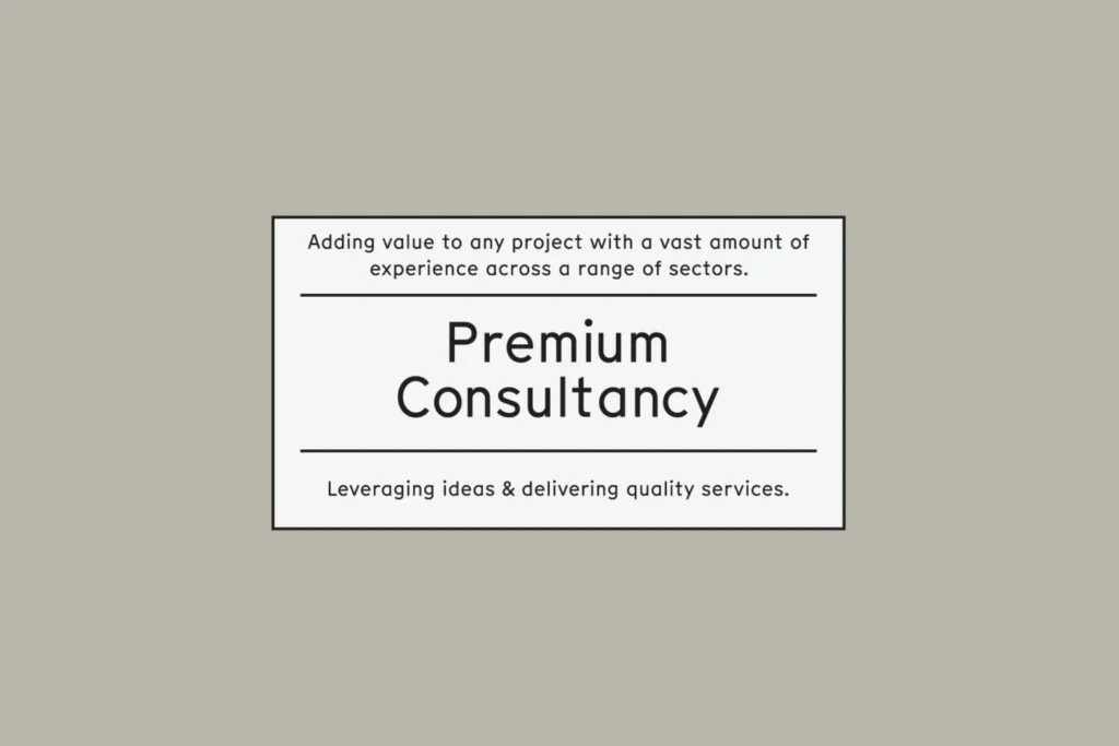 RML Services 'Premium Consultancy' panel with supporting lines on value and quality, framed by black rules on grey