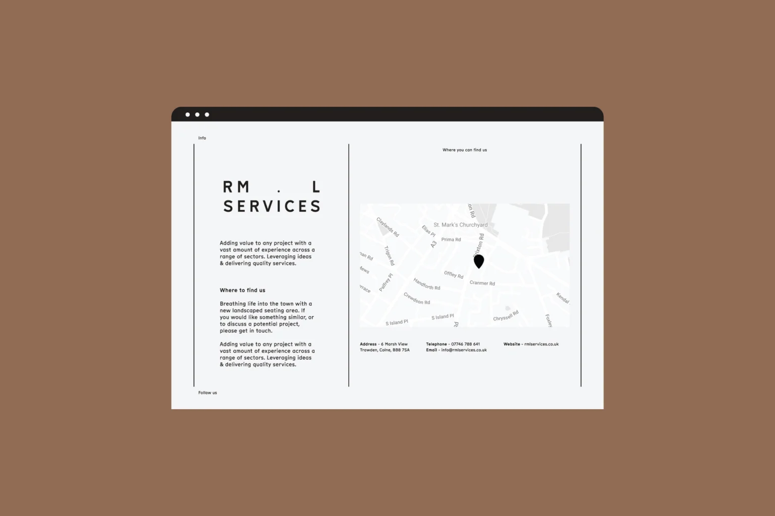 RML Services website contact page in a browser frame: 'Where to find us' copy, street map with pin and contact details