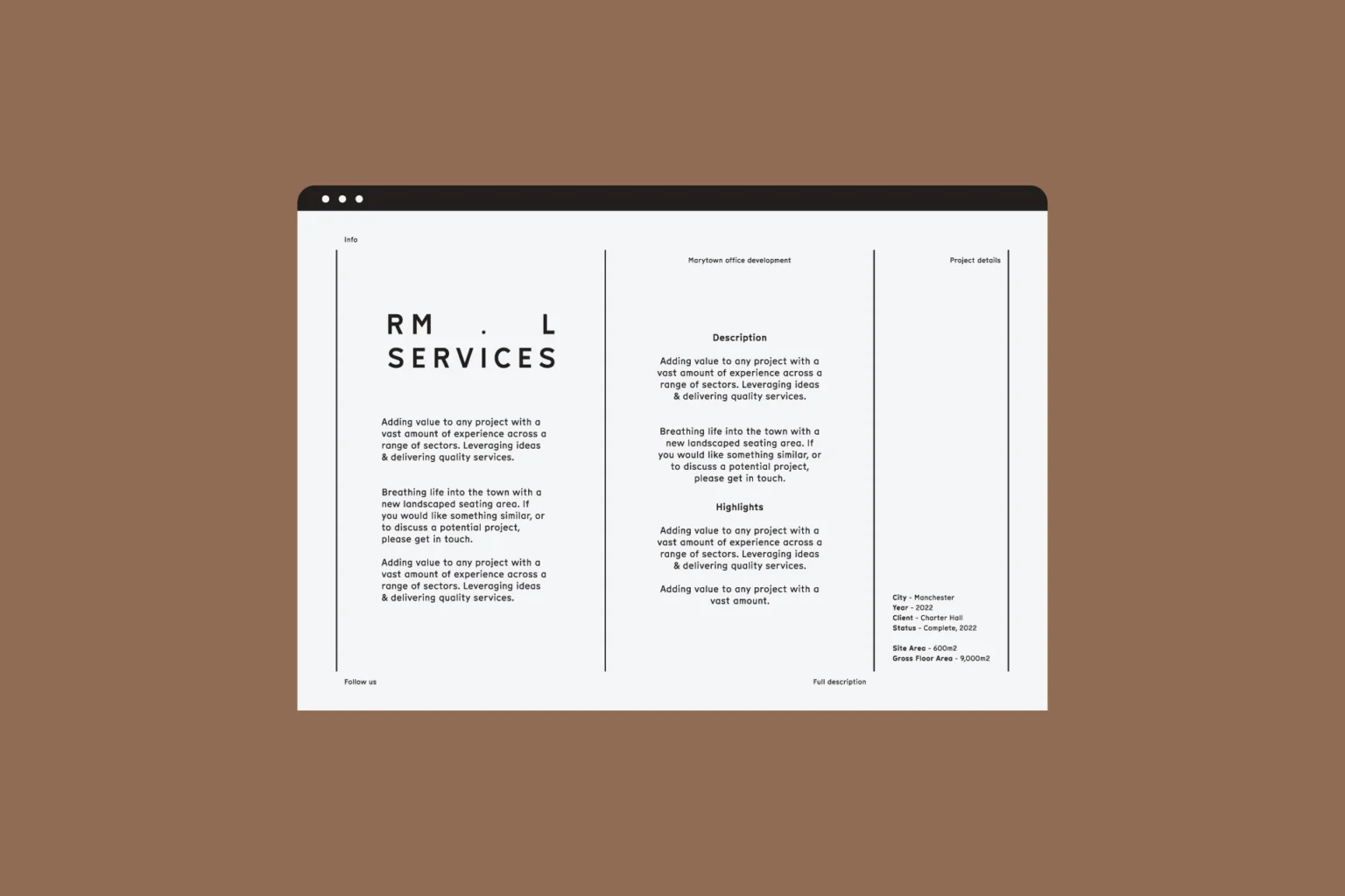 RML Services website project page, text version: description and highlights beside project details, on brown