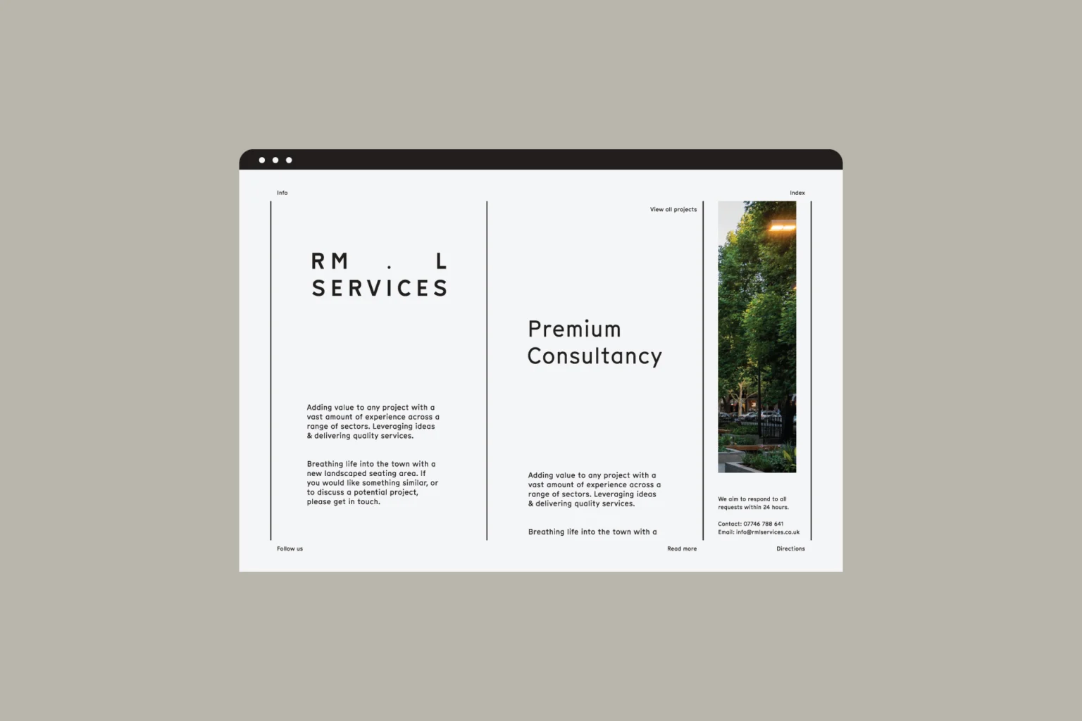 RML Services website homepage in a browser frame: wordmark, 'Premium Consultancy' headline and a tree-lined street photo