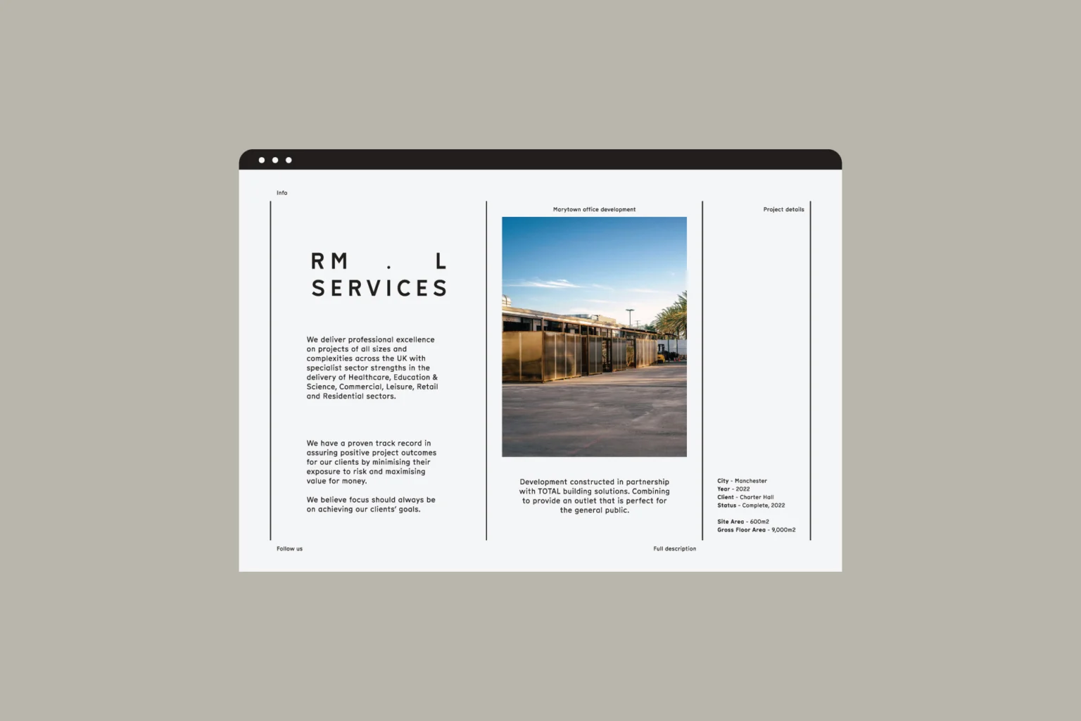 RML Services website project page in a browser frame: wordmark, intro copy, development photo and project details