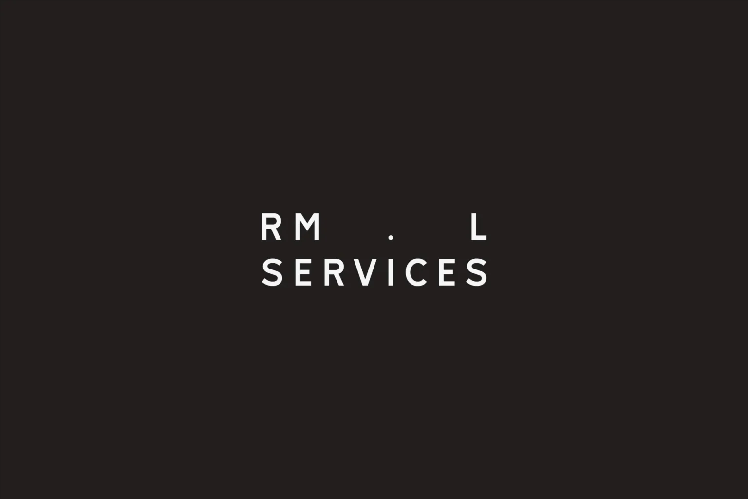 RML Services wordmark: spaced 'RM . L' above 'Services' in white capitals on near-black