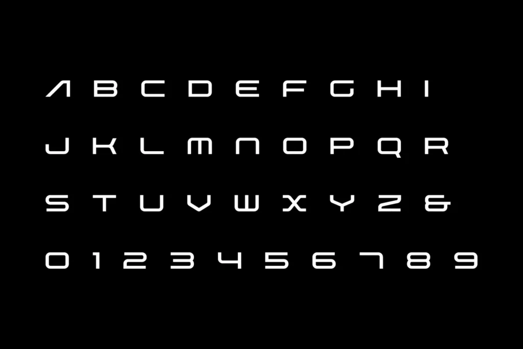 Sportech Motorsport brand typeface: full alphabet, ampersand and numerals 0 to 9 in white on black