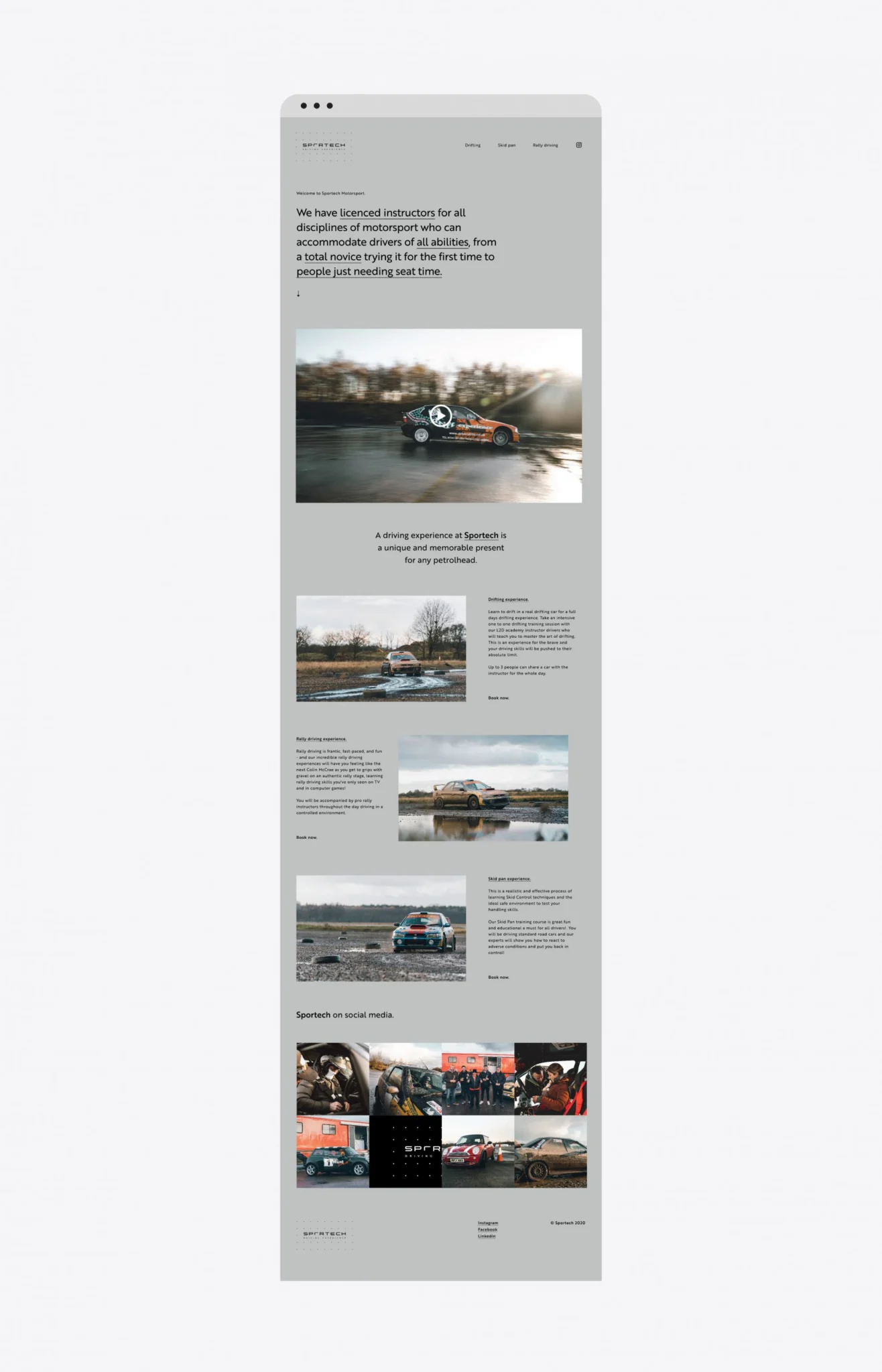 Sportech Motorsport homepage in a browser frame: intro copy, rally photos, driving experience sections and a social grid