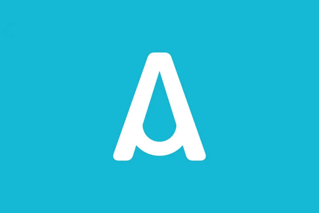 Sweat! Gym brand symbol: a white letter A with a sweat-drop shaped counter on bright blue