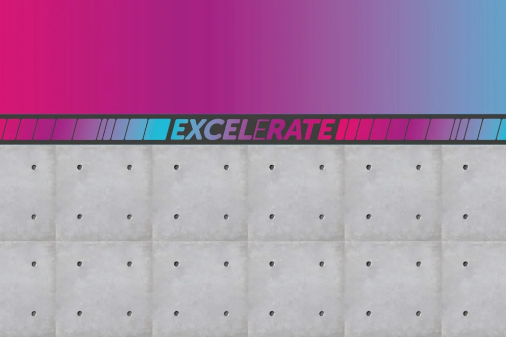 Sweat! Gym Excelerate wall graphic: gradient lettering and speed stripes on a dark band above concrete panels