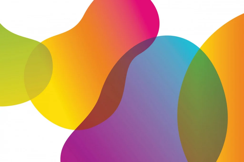 Sweat! Gym brand graphic of overlapping translucent blobs in lime, yellow, orange, pink, purple and blue on white