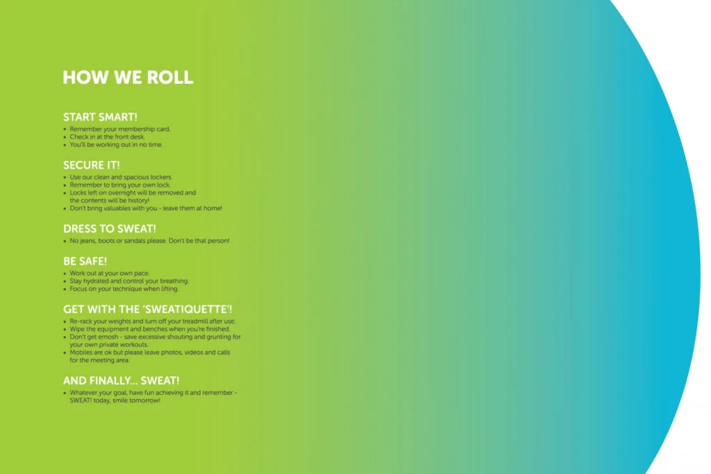 Sweat! Gym How We Roll house rules, from Start smart! to Dress to sweat!, set on a green-to-blue gradient panel