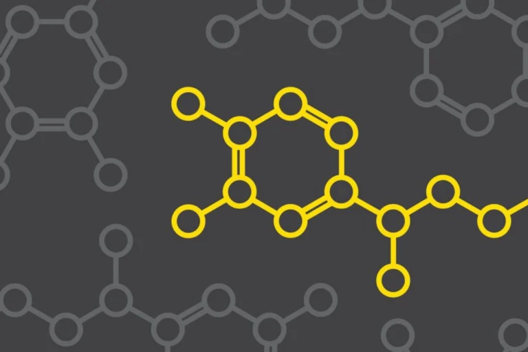 Sweat! Gym graphic pattern: a yellow molecule structure over faint grey molecules on charcoal