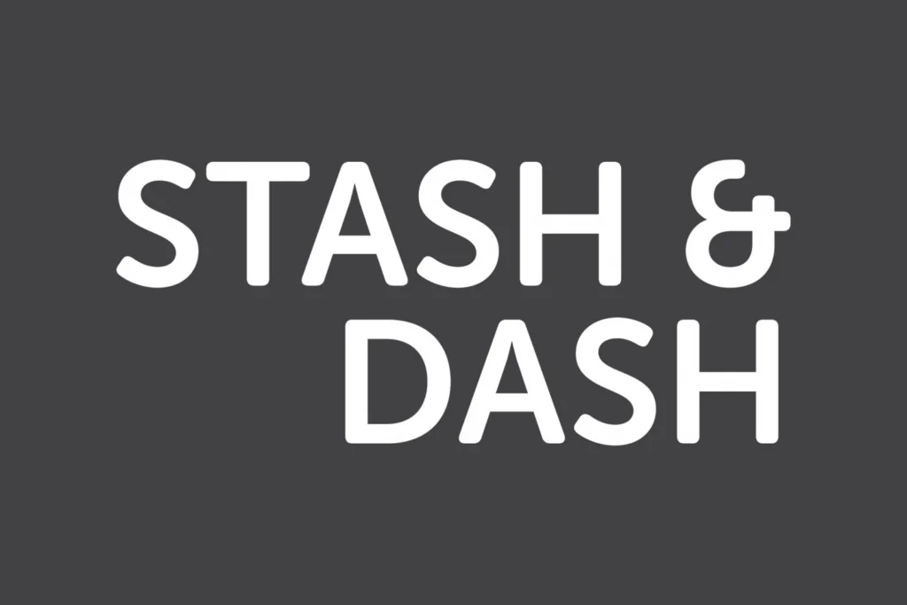 Sweat! Gym typography: Stash & Dash in white rounded capitals on a charcoal background