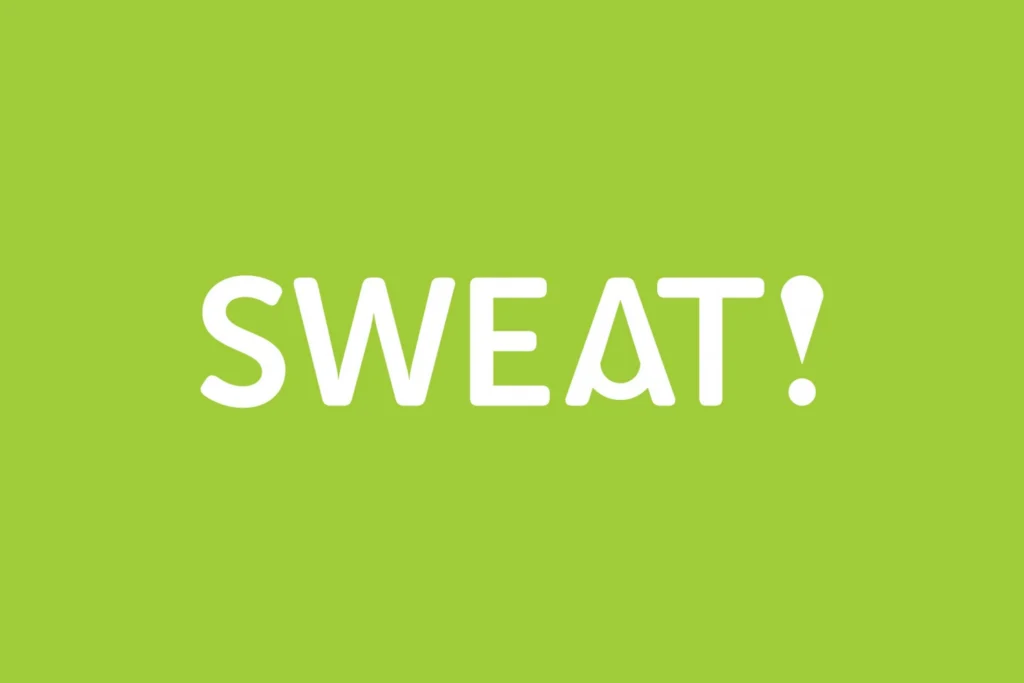 Sweat! Gym wordmark in white on lime green, the A drawn with a sweat-drop shaped counter