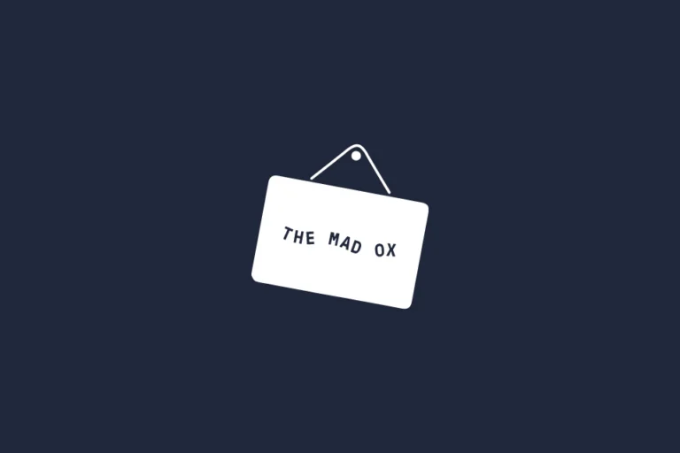The Mad Ox icon: a hanging sign carrying the wordmark, white on dark navy