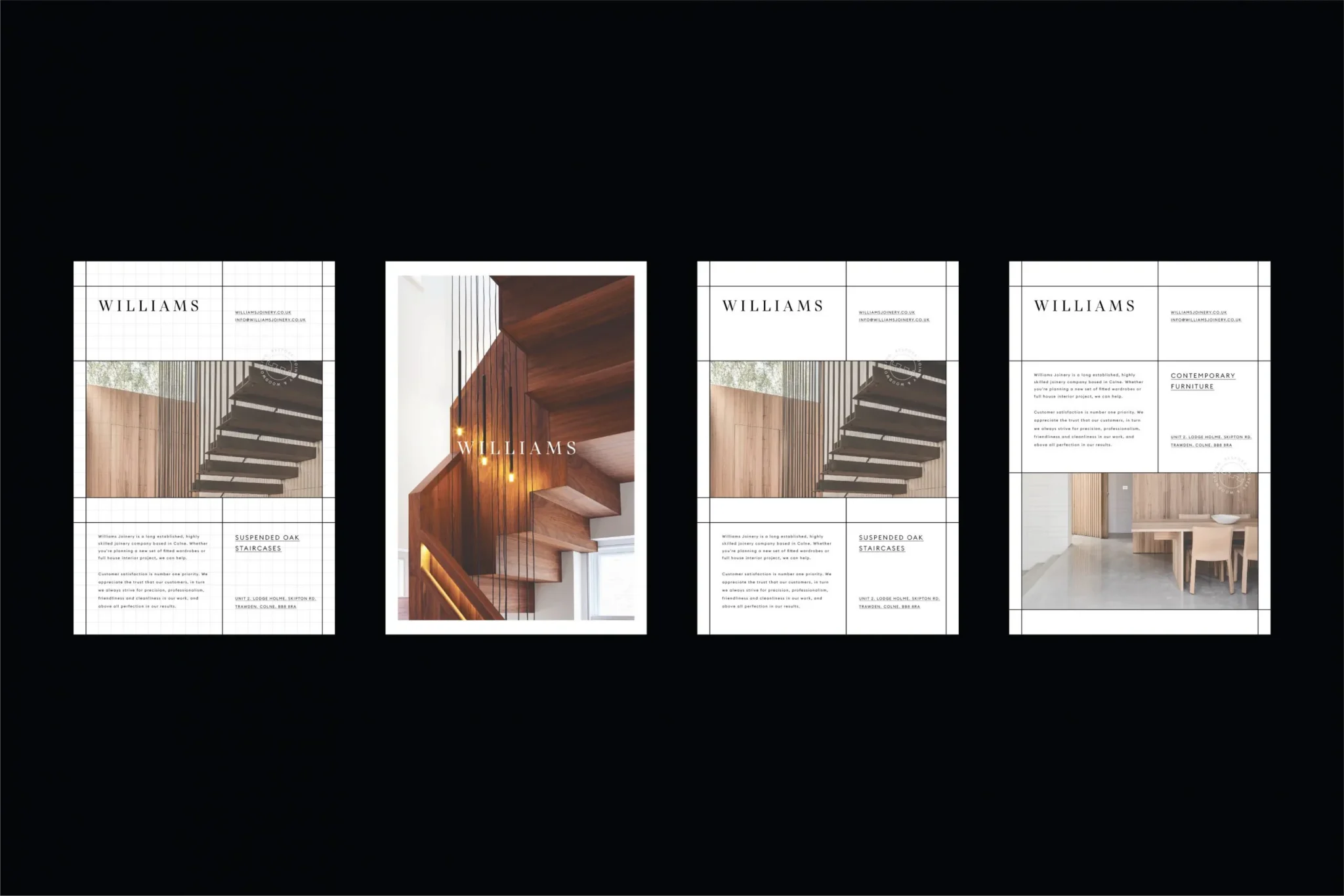 Williams Joinery brochure pages on black: staircase cover and grid layouts featuring suspended oak staircases and furniture