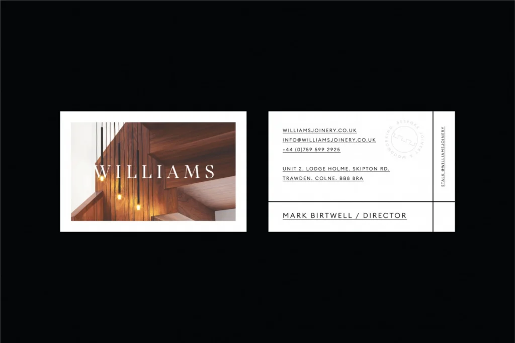 Williams Joinery business cards: wordmark over a timber staircase photo, contact details on the back