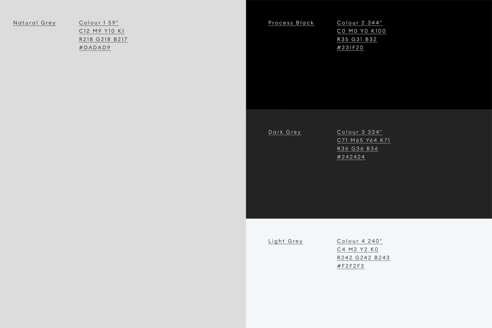 Williams Joinery colour palette: natural grey, process black, dark grey and light grey swatches with colour values