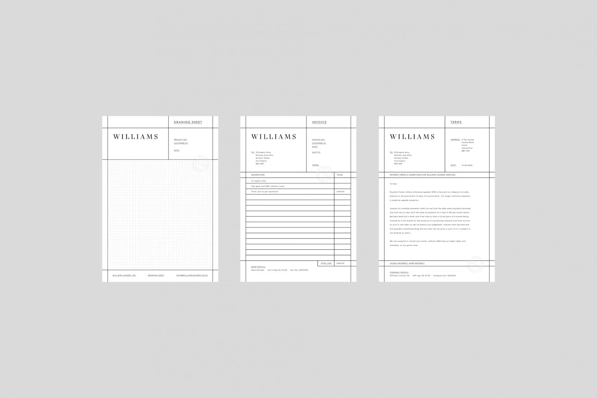 Williams Joinery stationery set: drawing sheet, invoice and terms templates with the wordmark and ruled grid layout