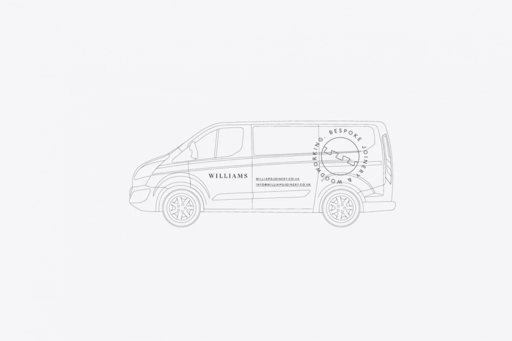Williams Joinery van livery line drawing with the wordmark, contact details and the roundel badge on the rear panel