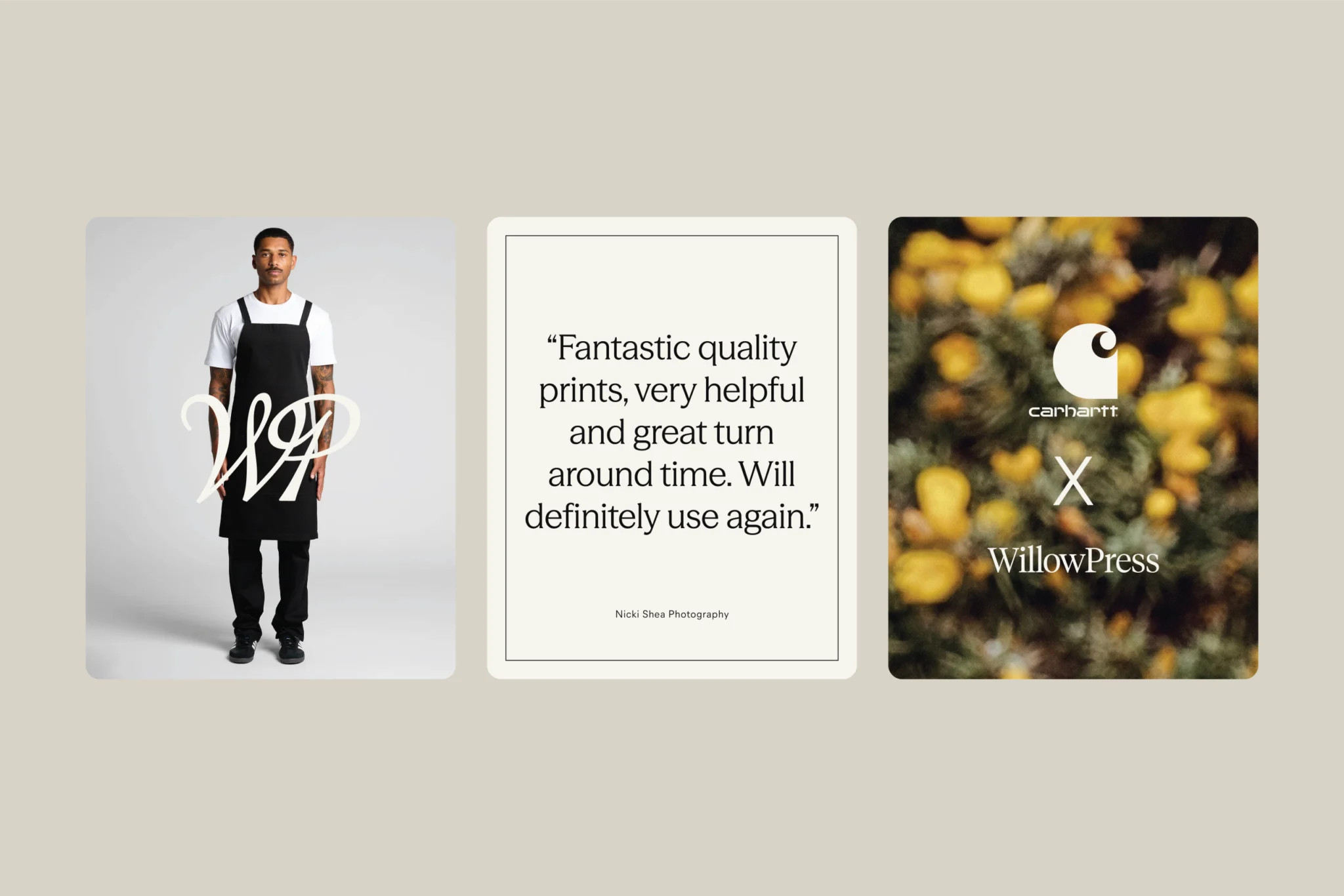 Three WillowPress panels: apron model with WP monogram, a customer review quote, and a Carhartt x WillowPress collaboration