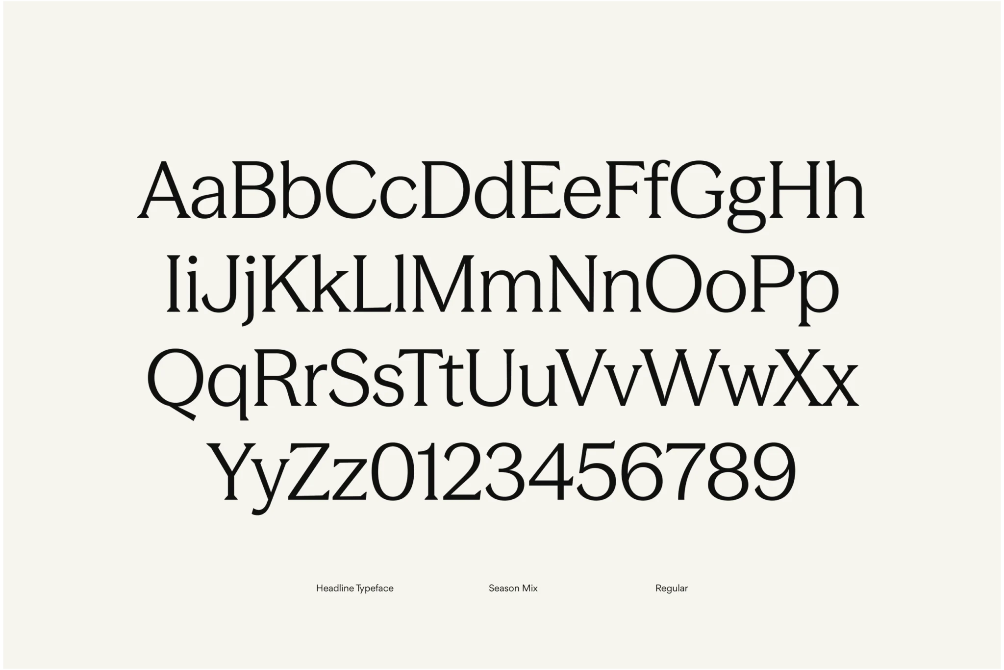 WillowPress headline typeface, Season Mix Regular, shown as a full A to Z alphabet and numerals on off-white