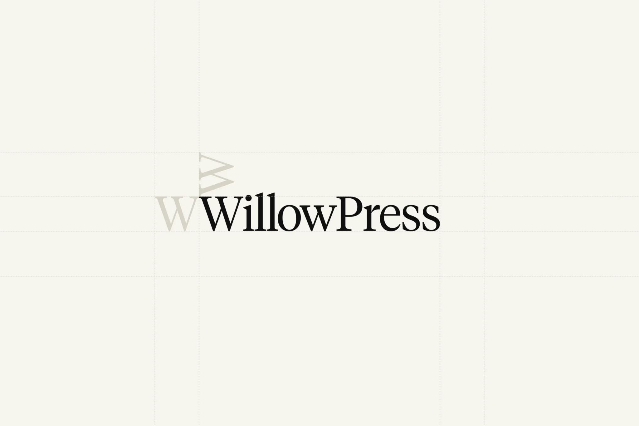 WillowPress wordmark on a faint layout grid, with a pale oversized W and angled strokes showing its construction