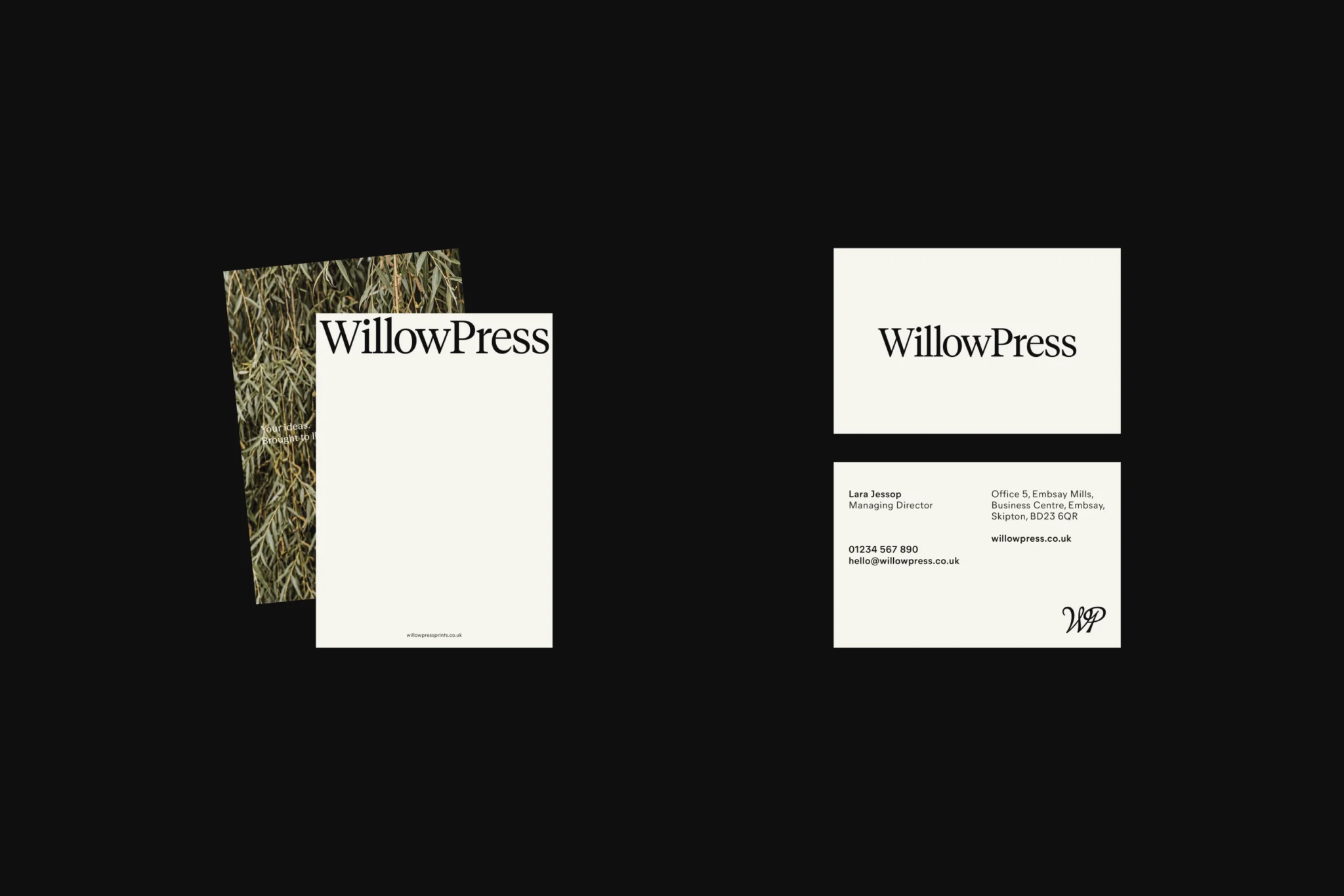 WillowPress stationery on black: letterhead with a willow-leaf reverse, and business cards showing wordmark and contact details