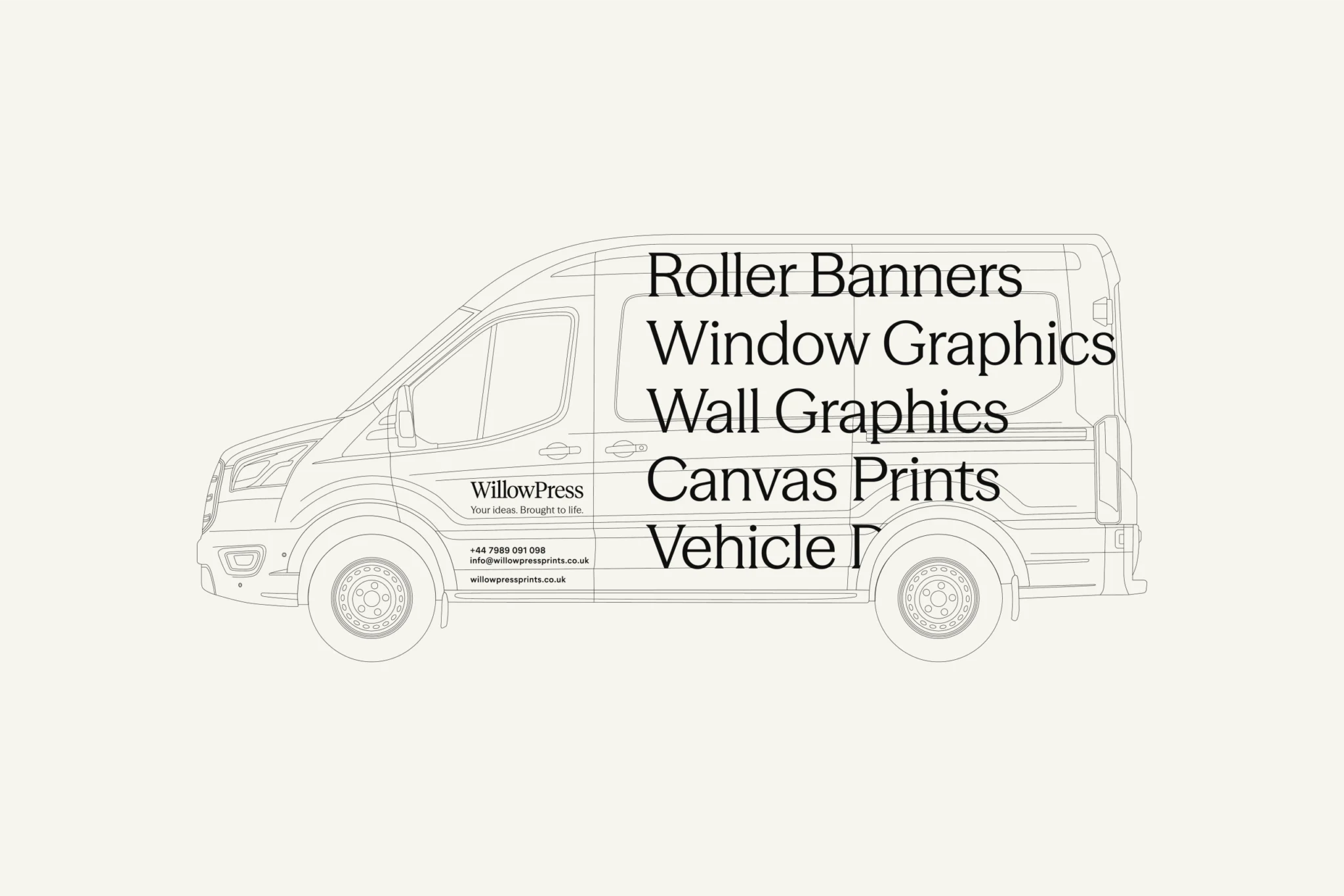 WillowPress van livery line drawing: wordmark, tagline and contact details on the door, print services listed along the side